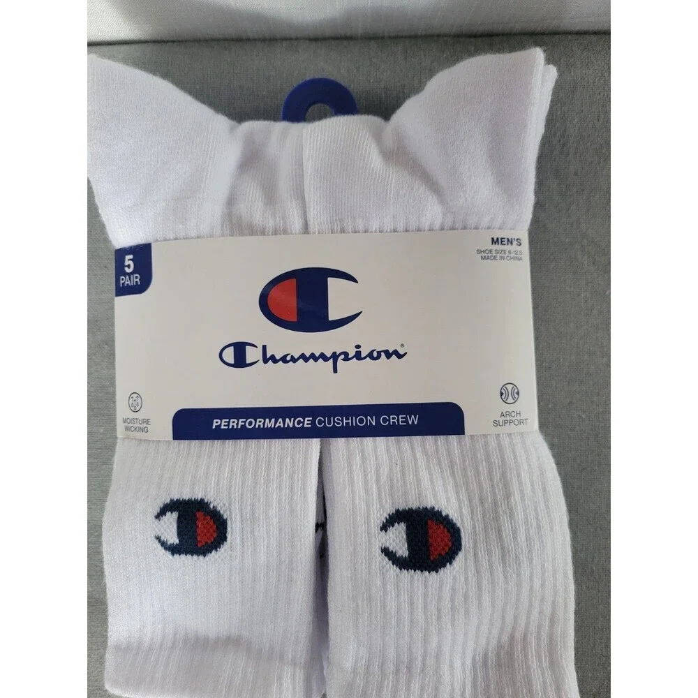 Champion Men's Performance Cushion Crew White Socks w/Logo 5 Prs Size 6-12.5 NWT